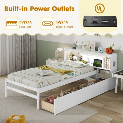 Twin Size Bed Frame with LED Light and Bookcase Headboard-White - White - Trundle Bed Frame