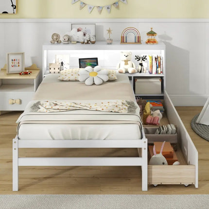 Twin Size Bed Frame with LED Light and Bookcase Headboard-White - White - Trundle Bed Frame