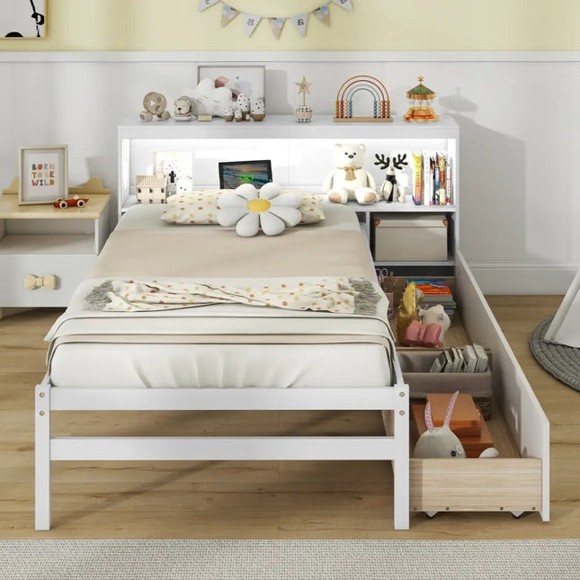 Twin Size Bed Frame with LED Light and Bookcase Headboard-White - White - Trundle Bed Frame