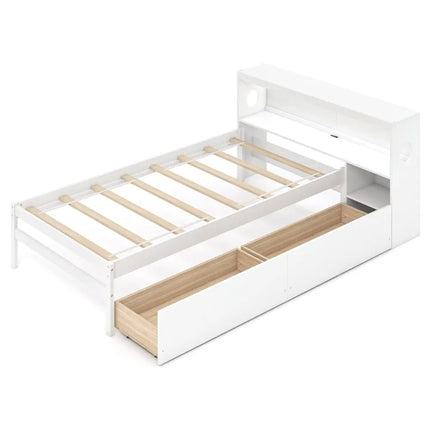 Twin Size Bed Frame with LED Light and Bookcase Headboard-White - White - Trundle Bed Frame