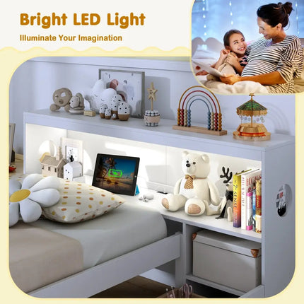 Twin Size Bed Frame with LED Light and Bookcase Headboard-White - White - Trundle Bed Frame