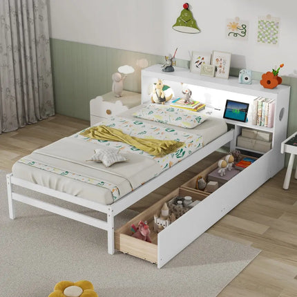 Twin Size Bed Frame with LED Light and Bookcase Headboard-White - White - Trundle Bed Frame