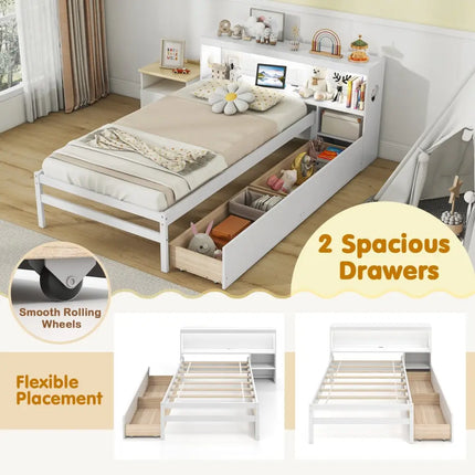 Twin Size Bed Frame with LED Light and Bookcase Headboard-White - White - Trundle Bed Frame