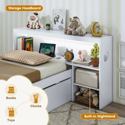 Twin Size Bed Frame with LED Light and Bookcase Headboard-White - White - Trundle Bed Frame