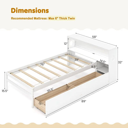 Twin Size Bed Frame with LED Light and Bookcase Headboard-White - White - Trundle Bed Frame