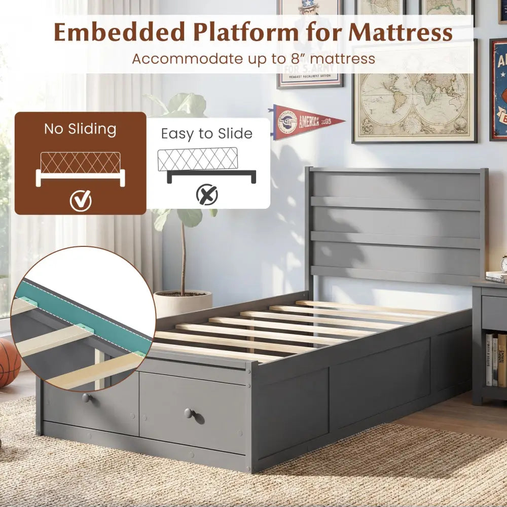 Twin Size Bed Frame with Storage Drawers and Headboard-Gray - Gray - Simple Bed Frame