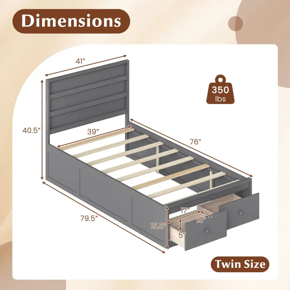 Twin Size Bed Frame with Storage Drawers and Headboard-Gray - Gray - Simple Bed Frame