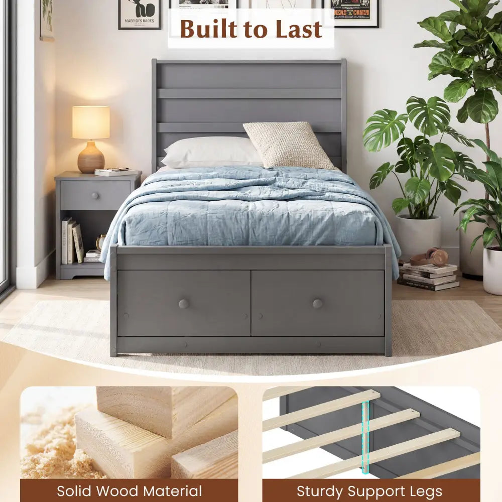 Twin Size Bed Frame with Storage Drawers and Headboard-Gray - Gray - Simple Bed Frame