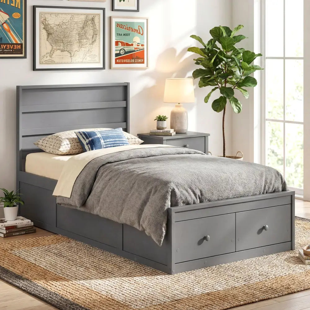 Twin Size Bed Frame with Storage Drawers and Headboard-Gray - Gray - Simple Bed Frame