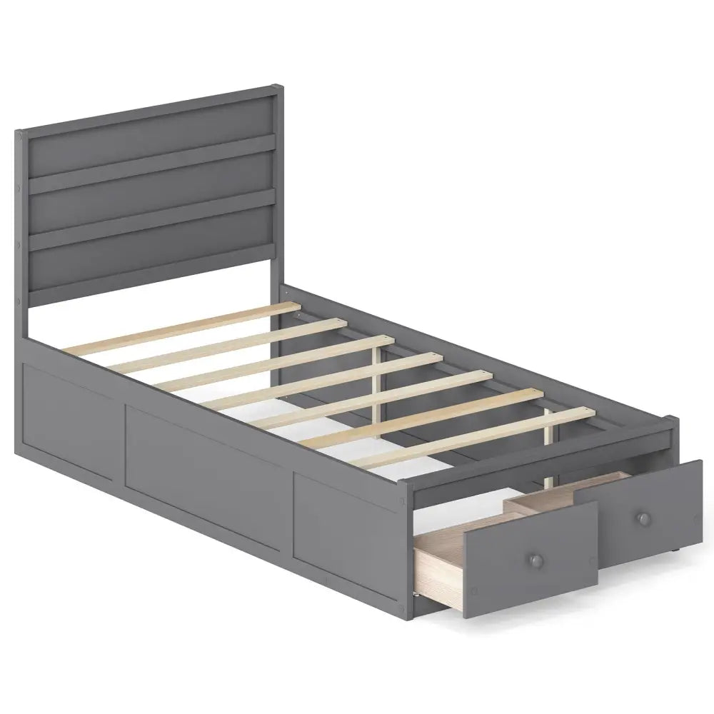 Twin Size Bed Frame with Storage Drawers and Headboard-Gray - Gray - Simple Bed Frame