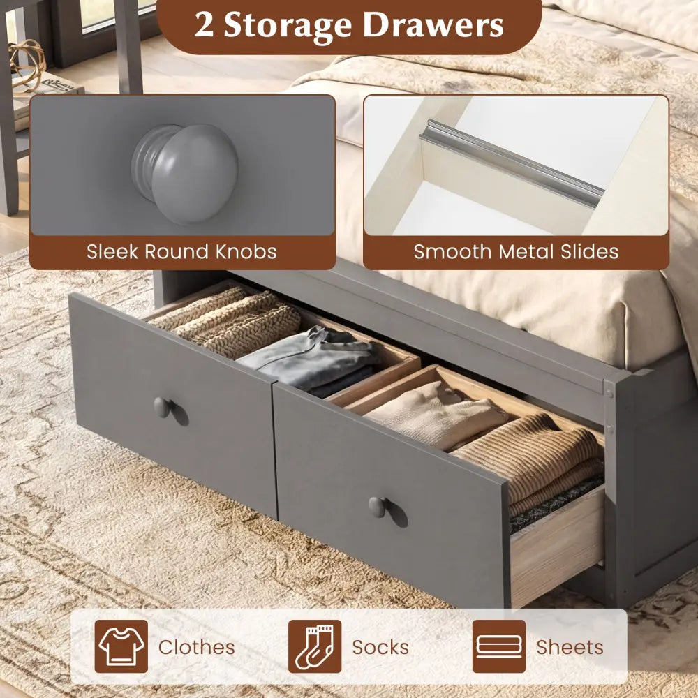 Twin Size Bed Frame with Storage Drawers and Headboard-Gray - Gray - Simple Bed Frame