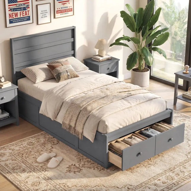 Twin Size Bed Frame with Storage Drawers and Headboard-Gray - Gray - Simple Bed Frame