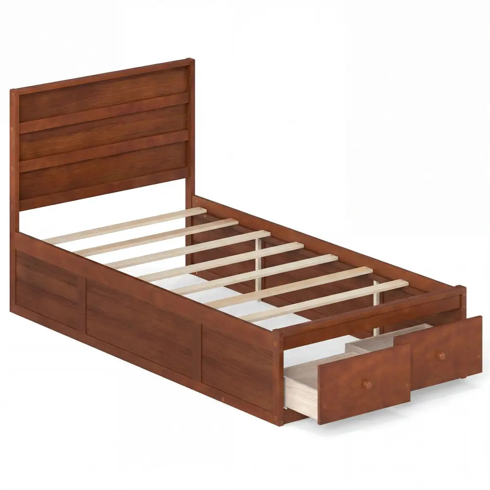 Twin Size Bed Frame with Storage Drawers and Headboard-Walnut - Walnut - Simple Bed Frame