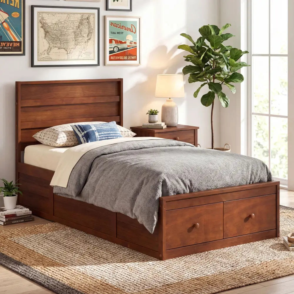 Twin Size Bed Frame with Storage Drawers and Headboard-Walnut - Walnut - Simple Bed Frame