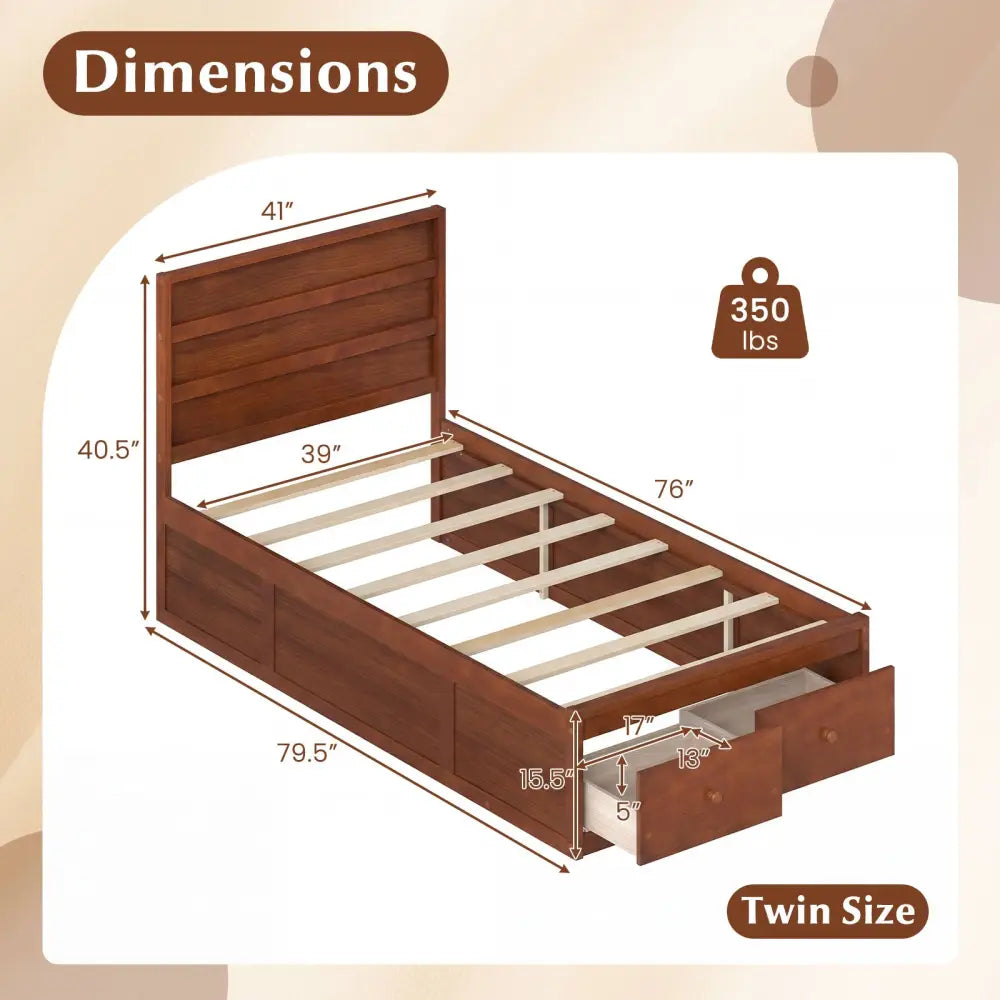 Twin Size Bed Frame with Storage Drawers and Headboard-Walnut - Walnut - Simple Bed Frame
