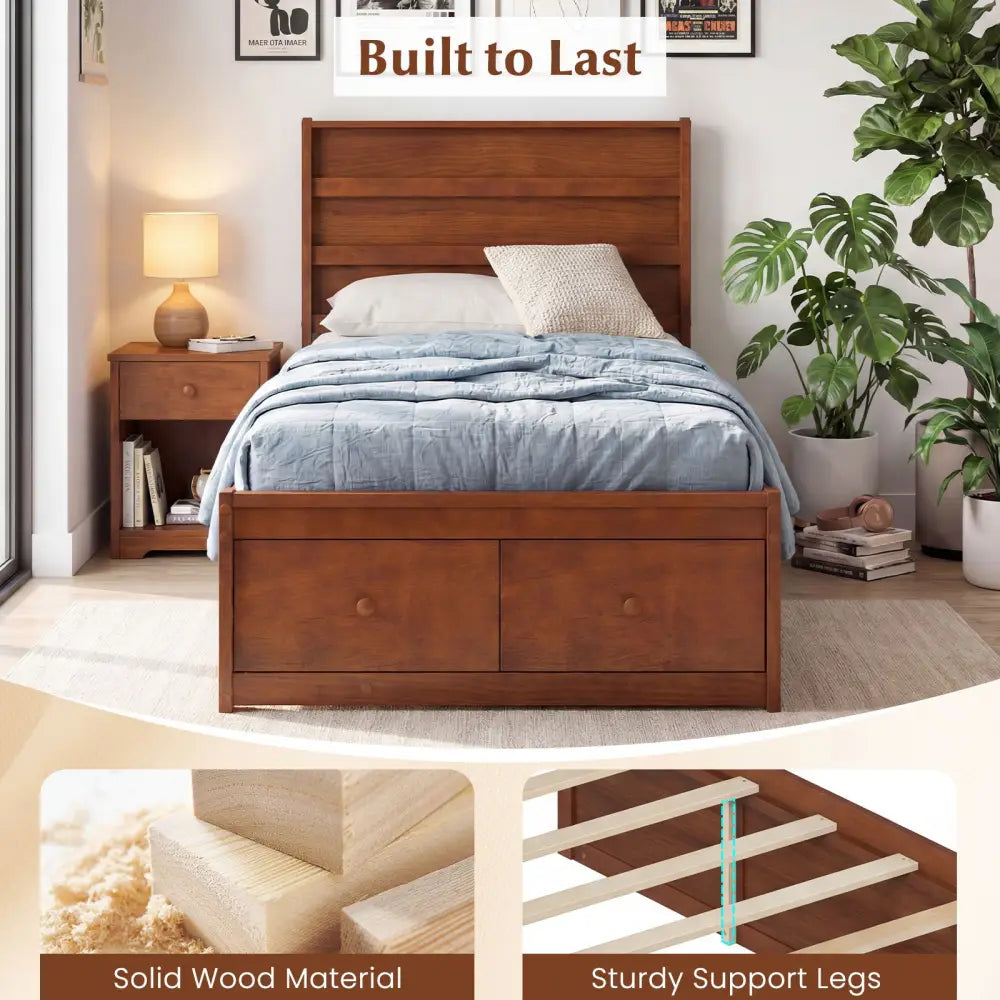 Twin Size Bed Frame with Storage Drawers and Headboard-Walnut - Walnut - Simple Bed Frame