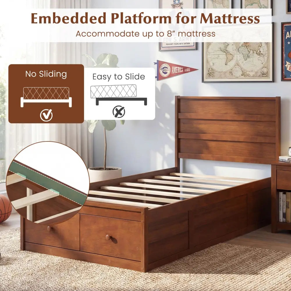 Twin Size Bed Frame with Storage Drawers and Headboard-Walnut - Walnut - Simple Bed Frame