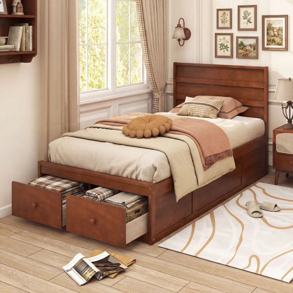 Twin Size Bed Frame with Storage Drawers and Headboard-Walnut - Walnut - Simple Bed Frame