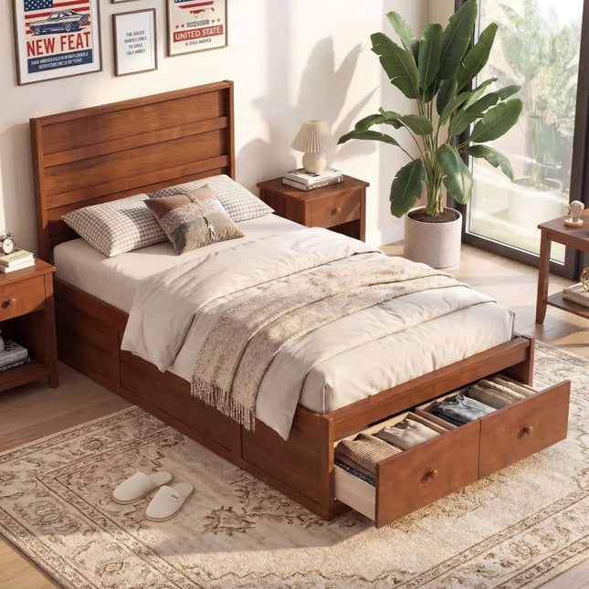 Twin Size Bed Frame with Storage Drawers and Headboard-Walnut - Walnut - Simple Bed Frame