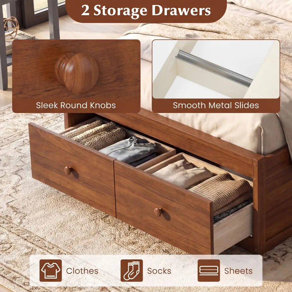 Twin Size Bed Frame with Storage Drawers and Headboard-Walnut - Walnut - Simple Bed Frame