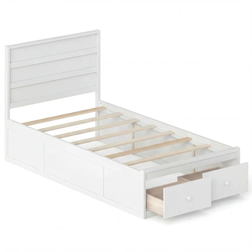Twin Size Bed Frame with Storage Drawers and Headboard-White - White - Simple Bed Frame