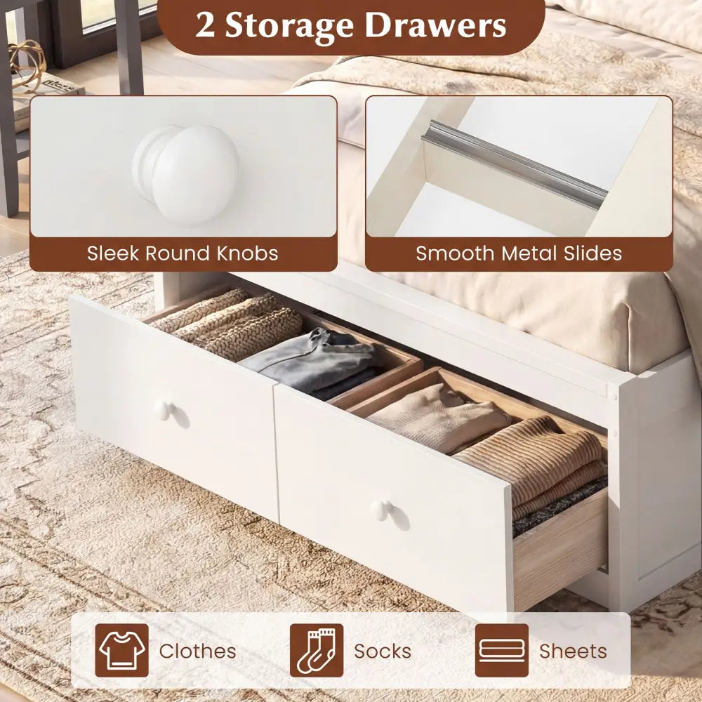 Twin Size Bed Frame with Storage Drawers and Headboard-White - White - Simple Bed Frame