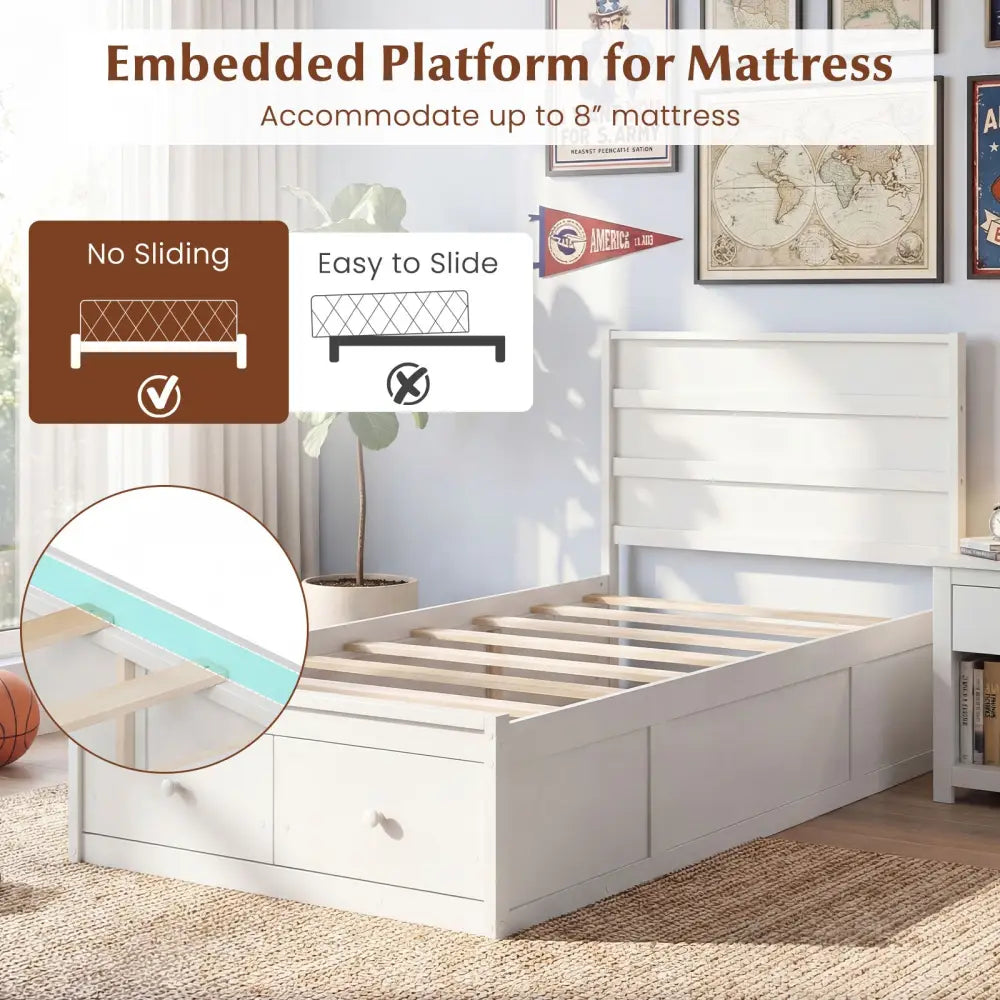 Twin Size Bed Frame with Storage Drawers and Headboard-White - White - Simple Bed Frame