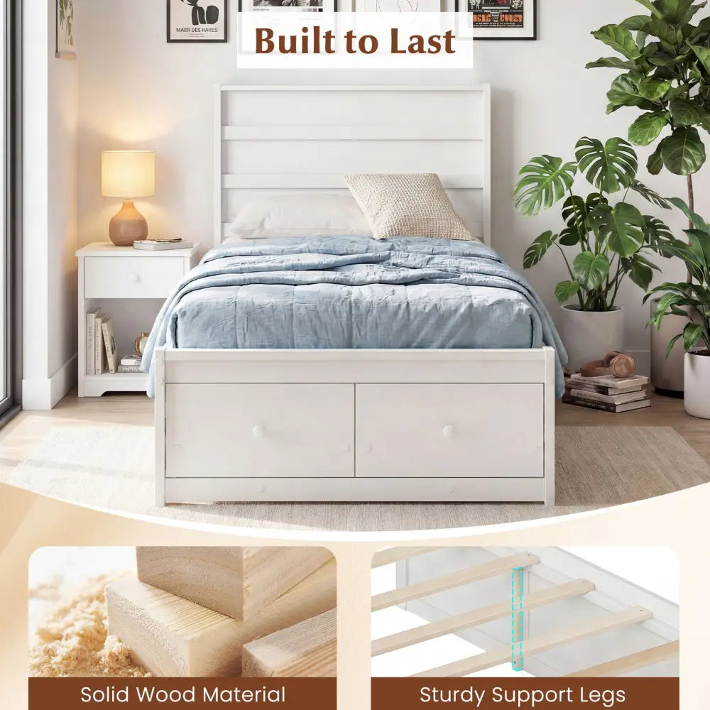Twin Size Bed Frame with Storage Drawers and Headboard-White - White - Simple Bed Frame