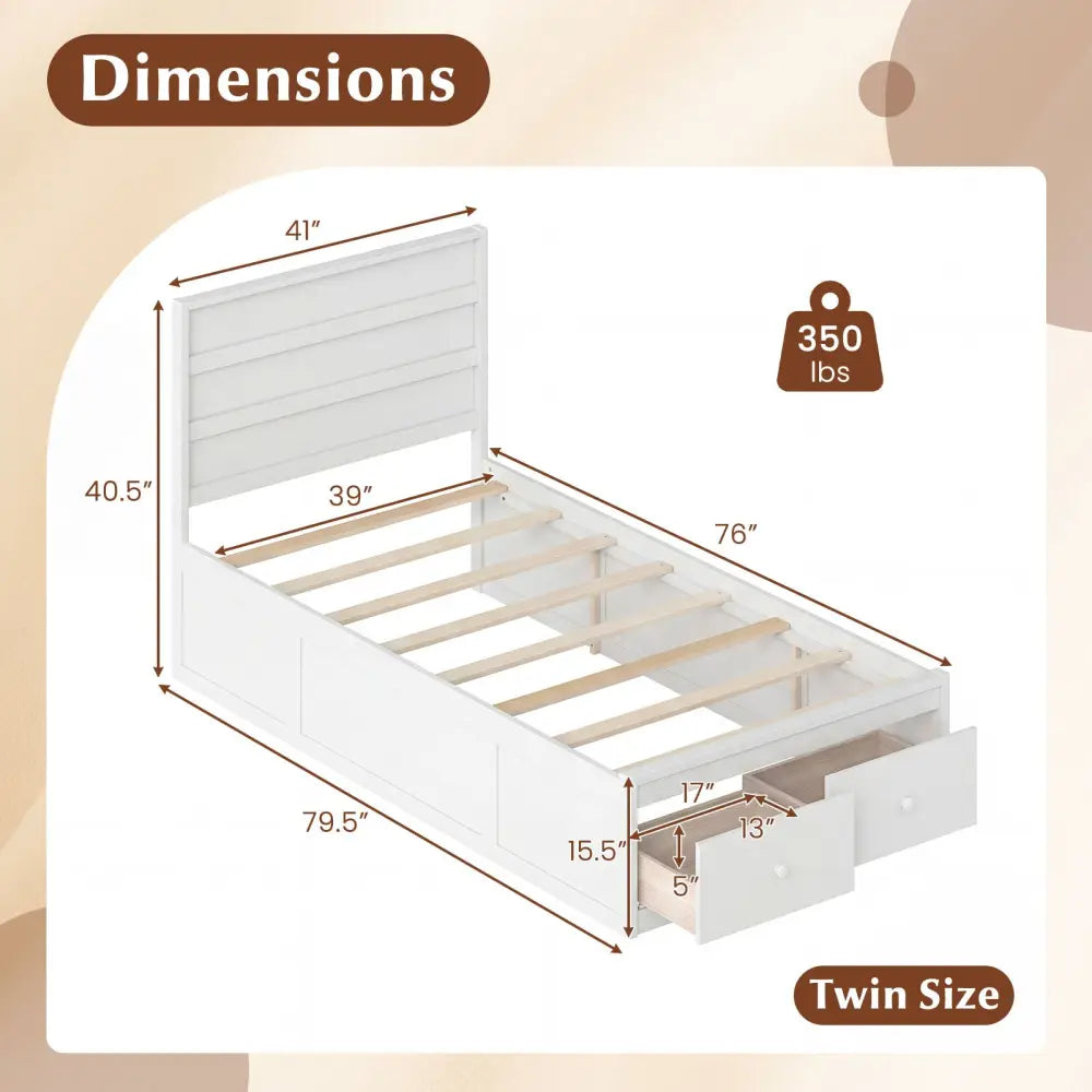 Twin Size Bed Frame with Storage Drawers and Headboard-White - White - Simple Bed Frame