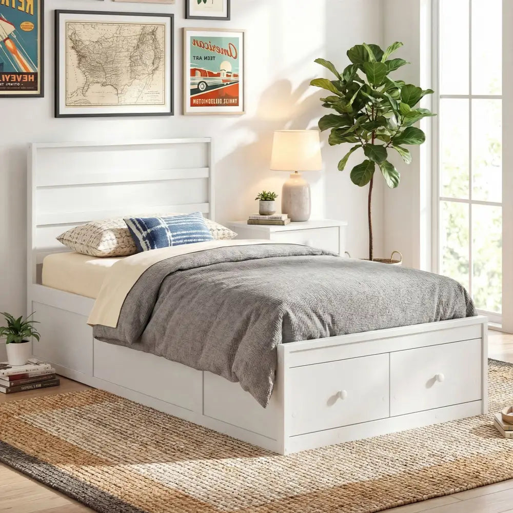 Twin Size Bed Frame with Storage Drawers and Headboard-White - White - Simple Bed Frame