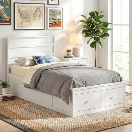 Twin Size Bed Frame with Storage Drawers and Headboard-White - White - Simple Bed Frame
