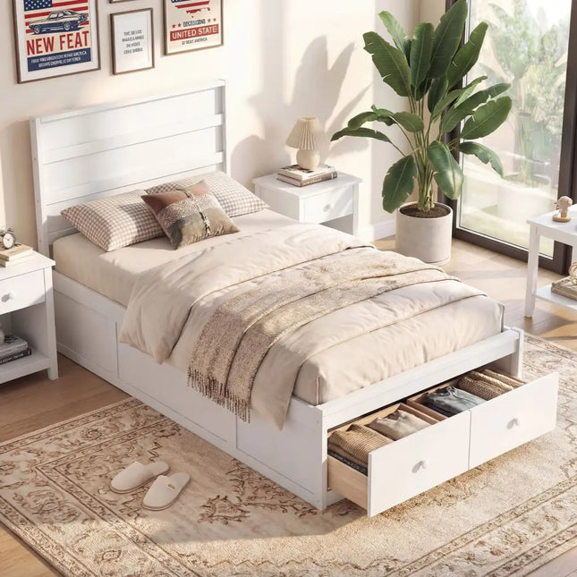 Twin Size Bed Frame with Storage Drawers and Headboard-White - White - Simple Bed Frame