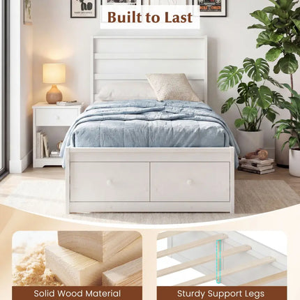 Twin Size Bed Frame with Storage Drawers and Headboard-White - White - Simple Bed Frame