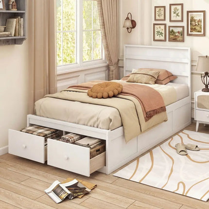 Twin Size Bed Frame with Storage Drawers and Headboard-White - White - Simple Bed Frame