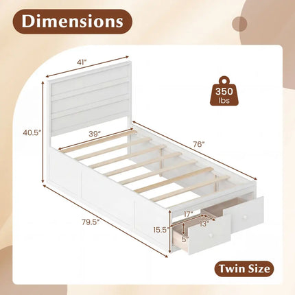 Twin Size Bed Frame with Storage Drawers and Headboard-White - White - Simple Bed Frame