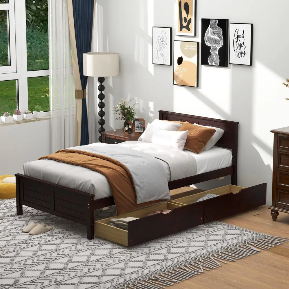 Twin Size Bed Frame with Storage Drawers-Espresso - Espresso - Trundle Bed Frame