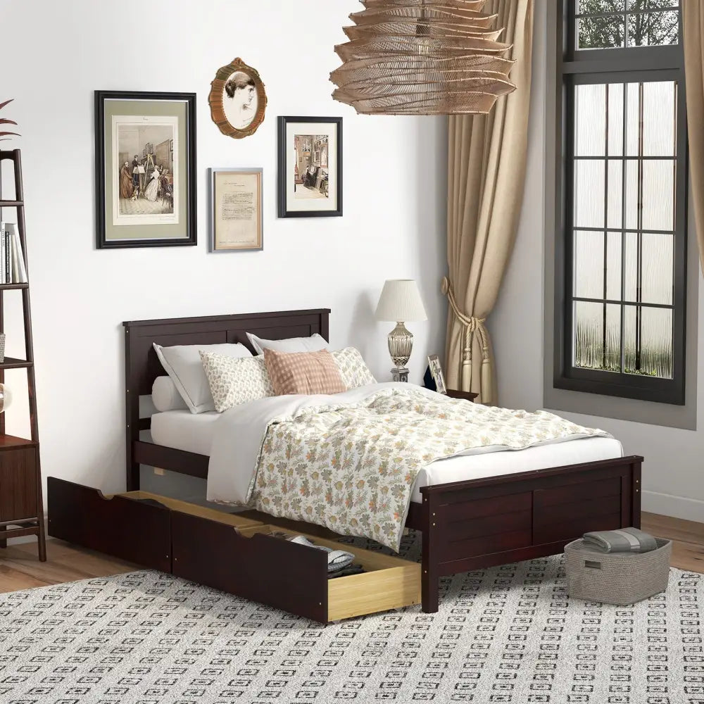 Twin Size Bed Frame with Storage Drawers-Espresso - Espresso - Trundle Bed Frame