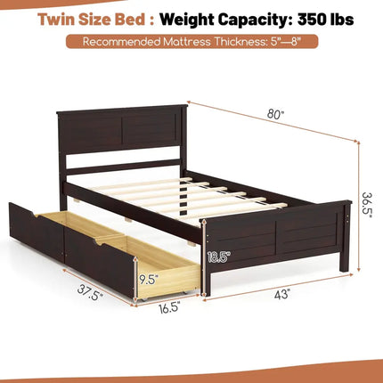 Twin Size Bed Frame with Storage Drawers-Espresso - Espresso - Trundle Bed Frame