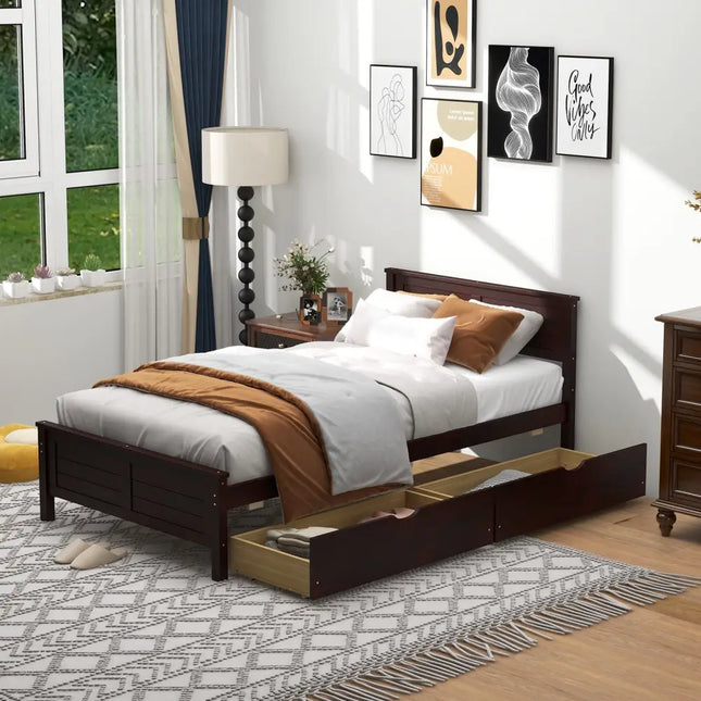Twin Size Bed Frame with Storage Drawers-Espresso - Espresso - Trundle Bed Frame