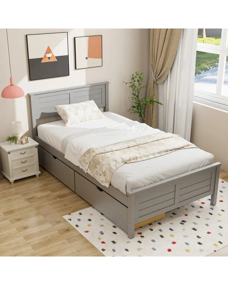 Twin Size Bed Frame with Storage Drawers-Gray - Gray - Trundle Bed Frame