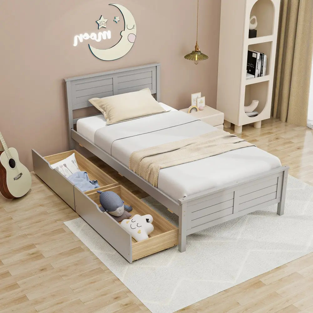 Twin Size Bed Frame with Storage Drawers-Gray - Gray - Trundle Bed Frame