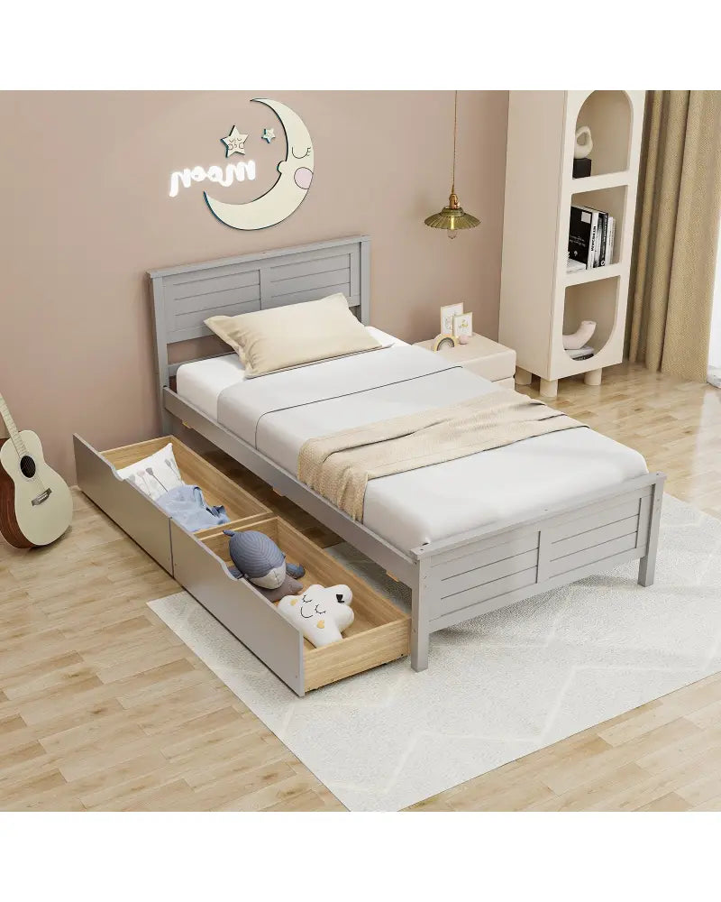 Twin Size Bed Frame with Storage Drawers-Gray - Gray - Trundle Bed Frame