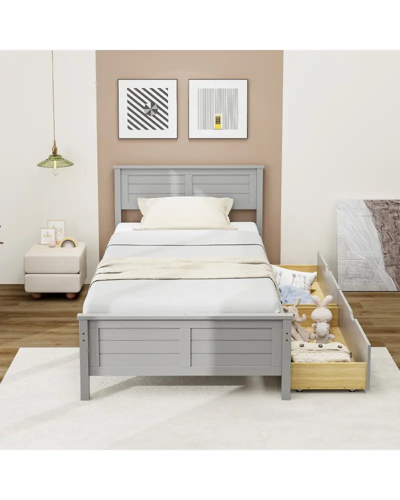 Twin Size Bed Frame with Storage Drawers-Gray - Gray - Trundle Bed Frame