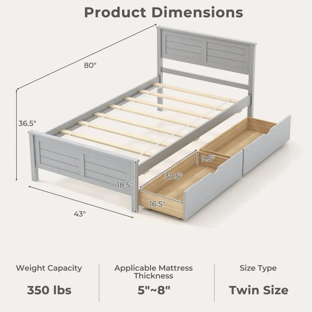 Twin Size Bed Frame with Storage Drawers-Gray - Gray - Trundle Bed Frame