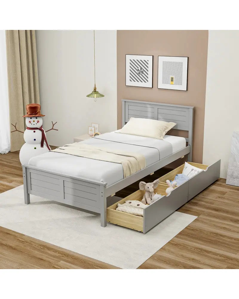 Twin Size Bed Frame with Storage Drawers-Gray - Gray - Trundle Bed Frame