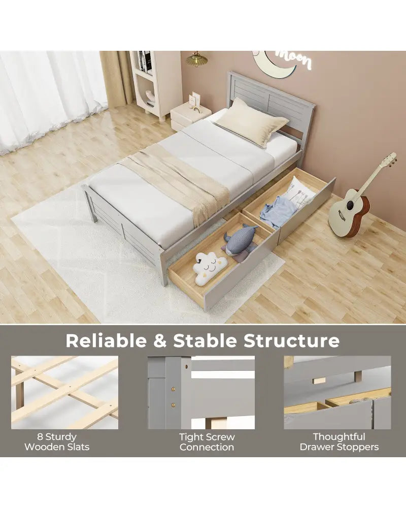 Twin Size Bed Frame with Storage Drawers-Gray - Gray - Trundle Bed Frame