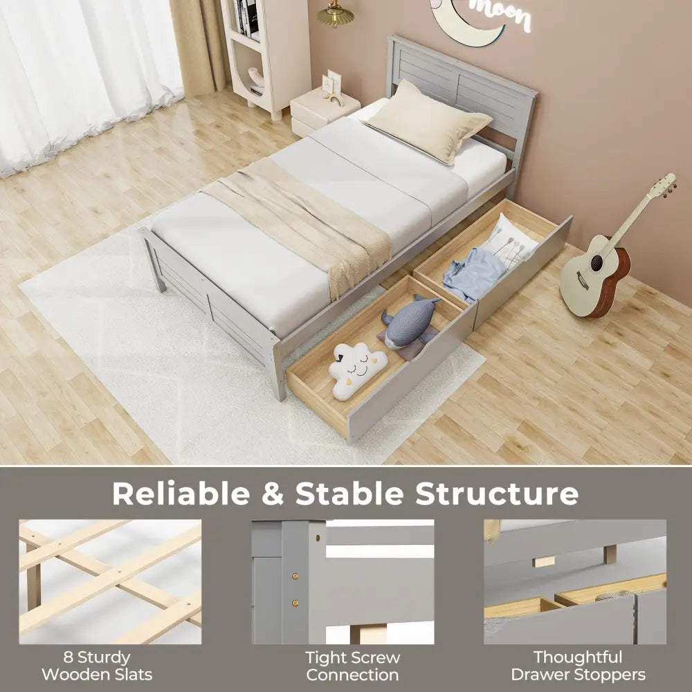 Twin Size Bed Frame with Storage Drawers-Gray - Gray - Trundle Bed Frame