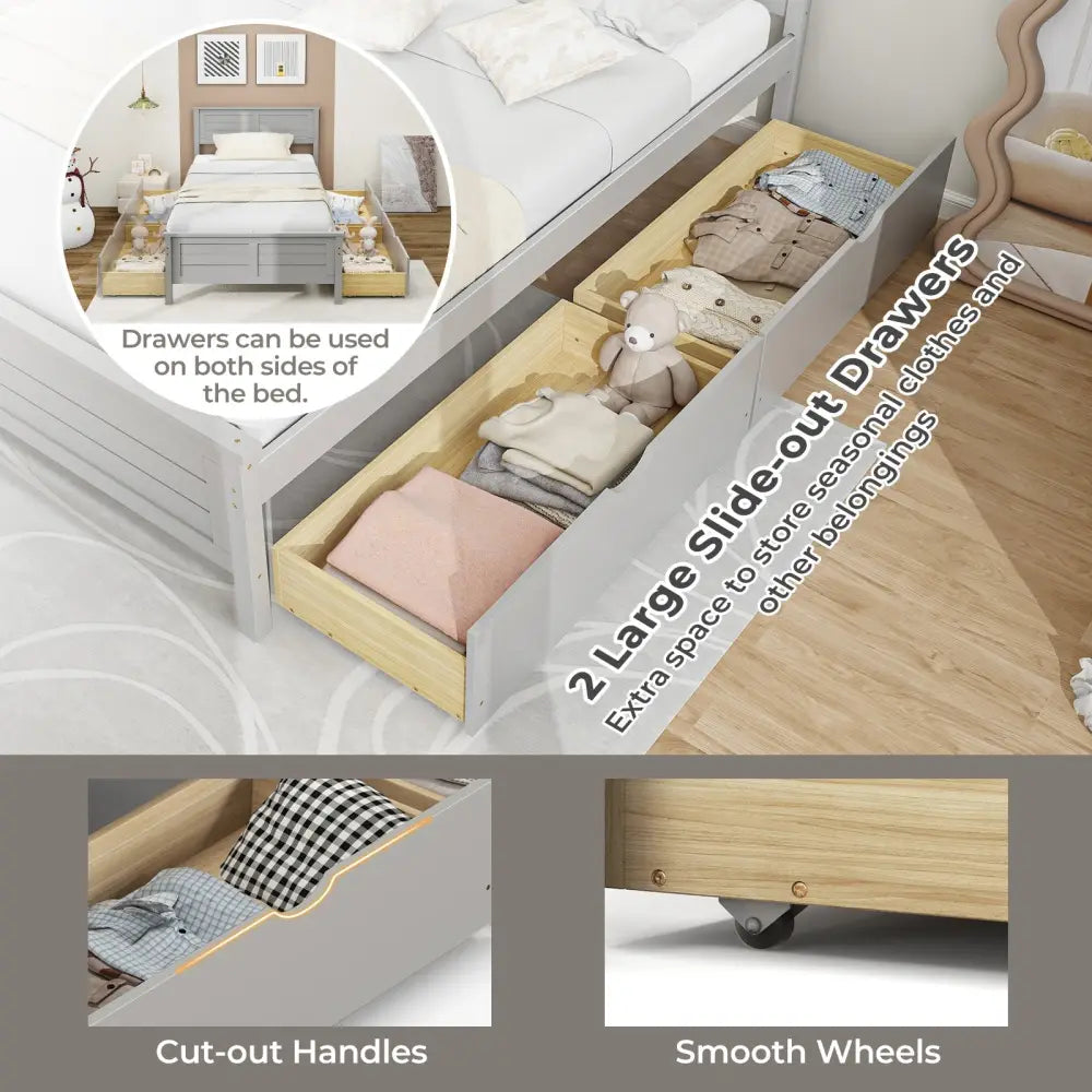 Twin Size Bed Frame with Storage Drawers-Gray - Gray - Trundle Bed Frame
