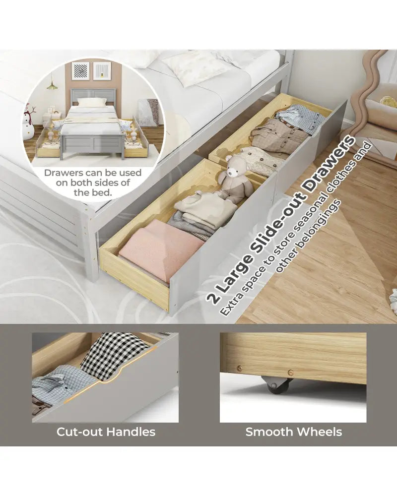 Twin Size Bed Frame with Storage Drawers-Gray - Gray - Trundle Bed Frame