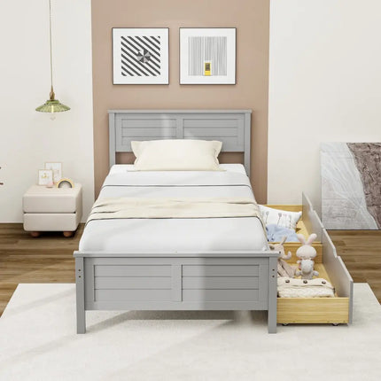 Twin Size Bed Frame with Storage Drawers-Gray - Gray - Trundle Bed Frame